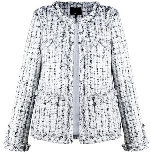 Leyoutx Damen Kragenloser Plaid Tweed Blazer Elegant Offene Front Fransen Casual Business Glitzer Jacke, Weiss/opulenter Garten, XXL