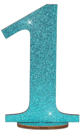 Oblique Unique® Zahlen Holz Aufsteller Türkis mit Glitzer Dekoration für Geburtstag Jubiläum Deko Tischdeko Torten Deko (Zahl 1)