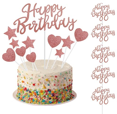 18 Pcs Decoration Gateau, Happy Birthday Decoration Gateau Or Rose Gold, Anniversaire Decoration Cupcake, Deco Gateau Anniversaire pour Fête de D'anniversaire Fille