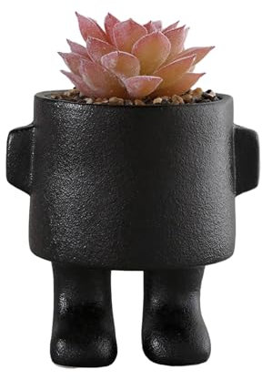 MISNODE Fake Succulents Plants with Human Shaped Ceramic Pots, Cute Small Fake Plant, Artificial Fake Plant, Artificial Greenery Desk Plants for Office Home Table Shelves Decor(Black C)