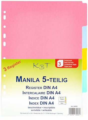 K3T Register 5tlg., 3er Packung, aus stabilem Manila Karton mit bunten Taben, Art.Nr. 64535