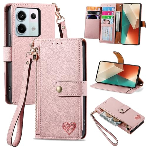 VEEMOS Handyhülle für Xiaomi Redmi Note 13 Pro 5G Hülle Klappbar Klapphülle Schutzhülle mit Kartenfach RFID Reißverschluss Handy Tasche Leder Flip Case Cover Handytasche Frauen - Rosa