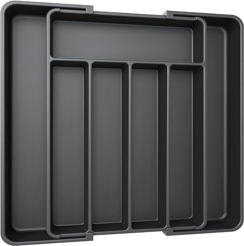 NEAGLORY Silverware Drawer Organizer, Expandable Utensil Tray for Kitchen, Adjustable Flatware and Cutlery Holder, Compact Plastic Storage for Spoons Forks Knives, Large, Black