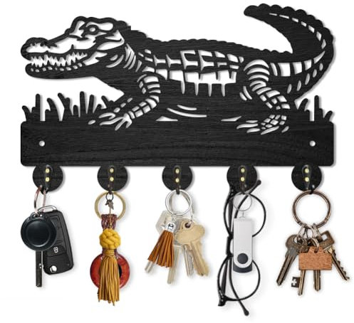 MAYJOYDIY Holz Schlüsselhalter für Wand Mit Krokodil 30×18cm Rustikal Reptilientier Schlüsselaufhänger Wandmontage Schlüssel Organizer mit 5 Metallhaken Für Geschenk Flur Küche Haustür