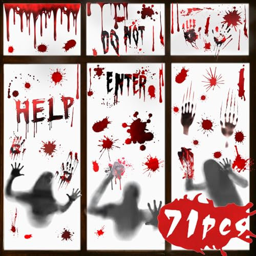 OWill Horror Halloween Decorazioni con Impronte di Mani insanguinate,71Pcs Adesivi di Vetrofanie Halloween,spaventose decalcomanie per finestre di Halloween,Decorazioni per Interni ed Esterni