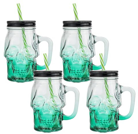 binsakao Halloween-Becher, 4 Stück, grüner Totenkopf-Glas, Trinkglas mit Deckel und Strohhalmen, Halloween-Dekoration, Trinkgläser, 473 ml