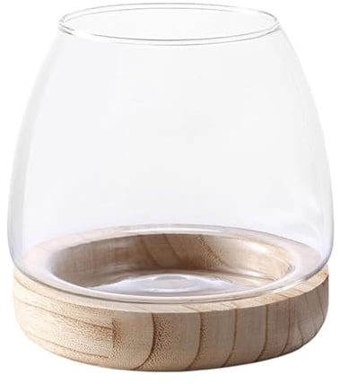 Runde Fischschale Aus Glas | Aquarium Fischglas, Klarglas Hydrokultur Pflanzenvase Mit Holzsockel, Fisch Sortierte Runde Vasenschale, Blumenvase Zum Pflanzen Von Kampffischen/Goldfischen