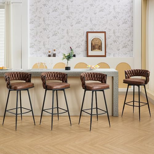 LONXIU Barhocker 4er Set Küchenhocker mit gewebte Lehne und Fußstütze, Drehbar Barstuhl PU-Kunstleder Sitzhöhe 79 cm, für die Küche, Esszimmer, Hausbar, Dunkelbraun