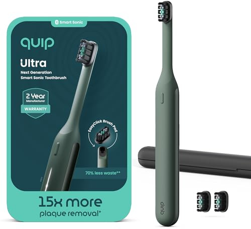 Quip Ultra Next Generation Smart Schallzahnbürste – Zeitgesteuerte elektrische Zahnbürste für Erwachsene – Austauschbarer Bürstenkopf, weiche Borsten, Silikongriff, 30 Tage Akkulaufzeit, Reiseetui