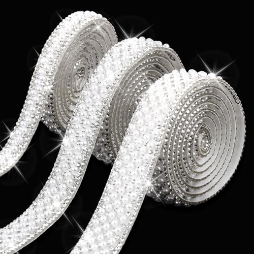 TIESOME 3 Rolls Pearl Rhinestone Ribbon - 3 Sizes Self-Adhesive Bling Diamond Strips With Crystal Pearls for Wedding, Birthday Party Decorations
