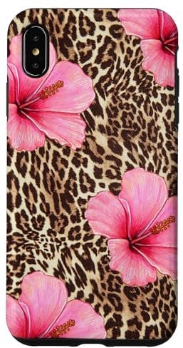 Leopard Print Hibiscus Flower Pink Floral Case for iPhone XS Max