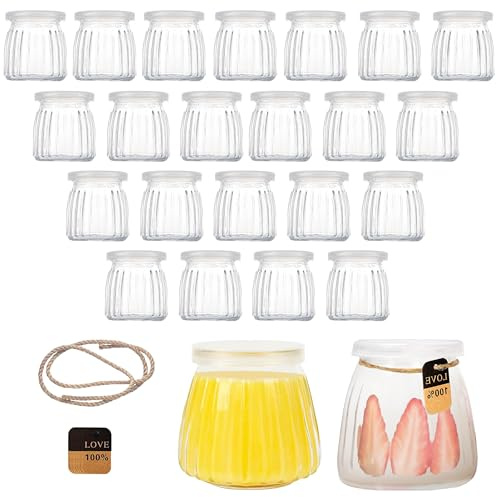 Kiswleon 200ml Joghurtgläser mit Deckel,24 Pack Dessertgläser Glas,Durchsichtige Marmeladengläser Klein mit Etikett und Schnur,Einmachgläser Klein für Saft,Joghurt,Marmelade,Müsli,Honig