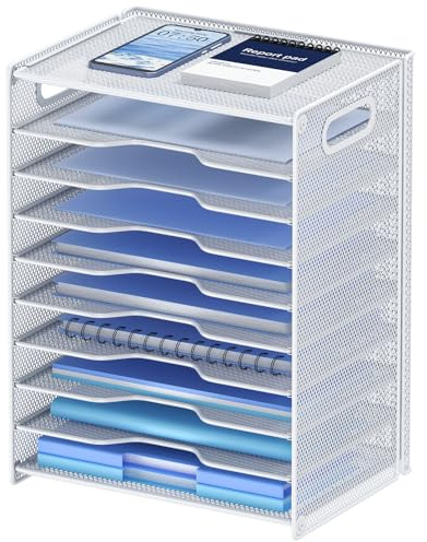 OUTWOLF Papier-Organizer mit 10 Ebenen, Briefablage, Netzstoff, Schreibtisch-Organizer mit Griffen, für Büro, Schule, Schreibtisch, Weiß