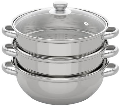 Cuiseur vapeur pour aliments à 3 niveaux, 28 cm, avec couvercle en verre, prêt à l'induction, en acier inoxydable
