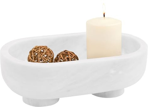 Radicaln Cuenco ovalado de mármol con soporte, color blanco, de 10 pulgadas, hecho a mano, para sala de estar, plato de caramelos, soporte de frutas y centro de mesa para decoración del hogar, ideal