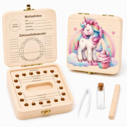 Zahnfee Geschenke Mädchen,Zahndose Milchzähne Mädchen,Zahnbox für Milchzähne Junge,Jungen Souvenir Box,Zahnbox aus Holz,Milchzahndose Jungen,Einhorn Zahnschachtel,Aufbewahrungsbox für Baby Zähne