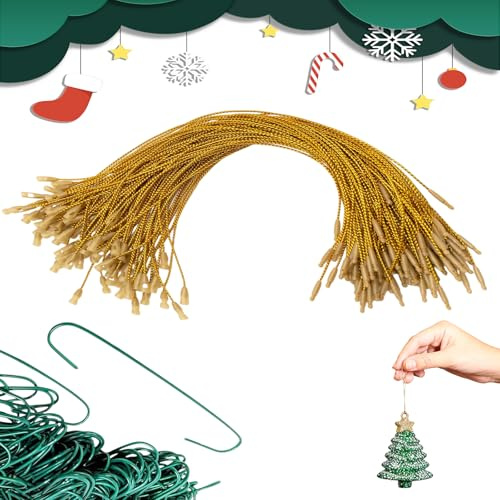 200Pcs Bauble Hooks, Gold String, Reusable Green Christmas Decorations for Christmas Tree Decorations Baubles Gift Tag
