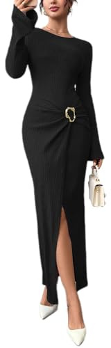 Women's 2025 Fall Long Sleeve Dress with Ring Buckle Detail Bell Sleeve Sexy Bodycon Maxi Dress for Date Night Elegant