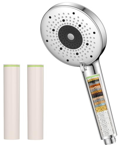 YEAUPE PRO Soffione Doccia con Filtro a 25 Fasi, Soffione Doccia ad Alta Pressione Ø 115mm con 6 Getti Regolabili, Doccia Anticalcare con 2 Filtri di Ricambio, Purificazione Acqua, Cromato Universale