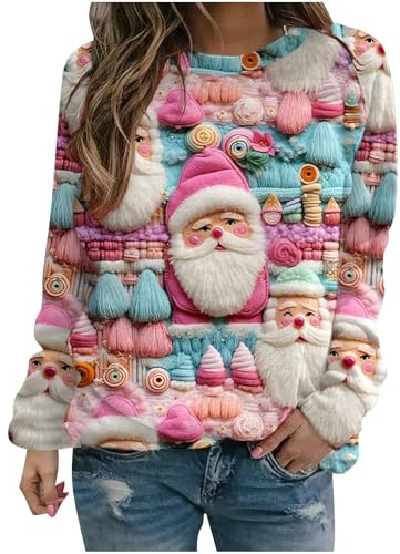 Generisch Sweat-shirt de Noël pour femme avec impression 3D en pastel - « Ugly Sweater » avec Père Noël, bonhomme de neige et sapins - Pull ludique avec imprimé intégral