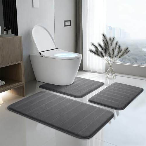 CEWROM Badematte Set 3-teilig aus Memory Foam, Weiche Memory-Schaum Badematte und U Förmige wc Vorleger, Mikrofaser Badezimmerteppich Set, Maschine Badezimmer Teppiche (Dunkelgrau)