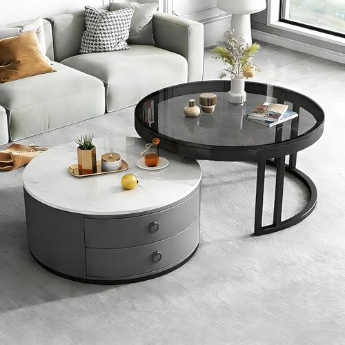 Couchtisch 2er Set, Marmor Wohnzimmertisch mit Schubladen, Moderne Glas-Beistelltisch mit Schwarz Metallrahme, Platzsparender Sofatisch fürs Wohnzimmer Büro Balkon,Grau rund