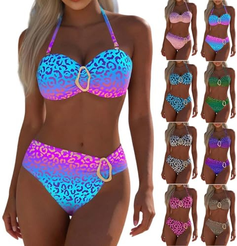 DeHolifer 2026 Leopardenmuster Bikini Damen Set Push Up Badeanzug Damen Bademode Sommer Badeanzüge Neckholder Bikinioberteil mit Triangel Bikinihose Zweiteiliger Bikini-Sets Swimsuits