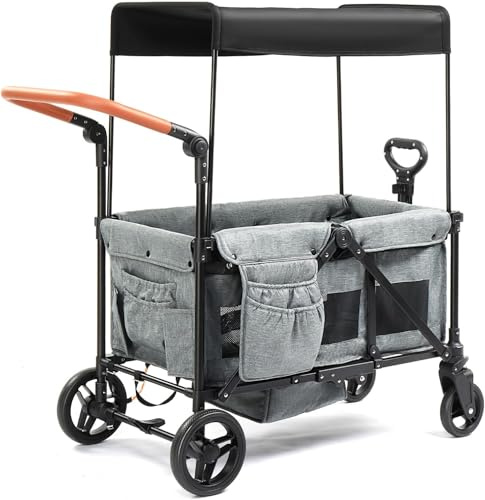 Kids Folding Stroller Wagon with Canopy, All-Terrain Wheels, 5-Point Safety Harness, Portable Handcart for Outdoor Adventures, Grey Grey