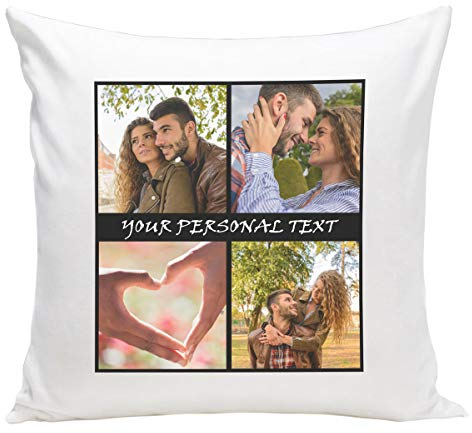 Ferocity Personalisiertes FOTOGESCHENK mit 3 Fotos mit Collage (40 x 40 cm) Foto-Kissen mit Deinem Foto & Text Bedrucken Zum Jahrestag, Geburtstag, Valentinstag (mit Füllung) Schwarzer Rahmen [091]