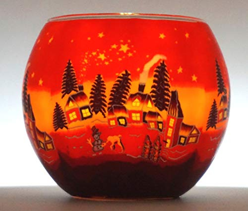 CBK-MS. Windlicht Teelicht Winterdorf Leuchtglas Teelichthalter ca. Ø 11 cm Höhe 8,5 cm Winter Dorf Schnee Winterlandschaft