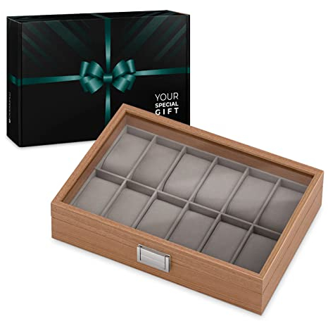 Maverton Uhrenbox für 12 Uhren - 31x21x7,5cm - Uhrenkasten aus Holz - Braun - Geschenk zum Geburtstag für Damen und Herren
