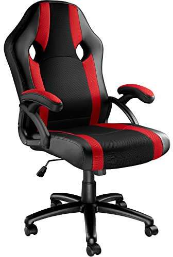 TecTake® Silla Ergonómica Gaming, Silla de Estudio con Reposabrazos Ajustables, Mecanismo Basculante, Amortiguador de Gas, Giro de 360°, Office Chair, Acolchado Grueso, Gaming Setup - Negro/Rojo
