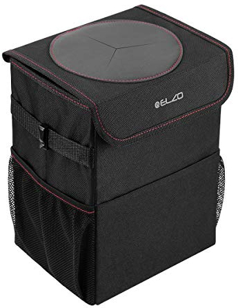 ELZO Cubo de Basura para el Coche con Tapa 3 Bolsillos de Almacenamiento Impermeable de Tela Oxford Plegable Contenedor de Basura Automóvil Negro para Viajes y Camping (Negro)