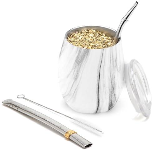 balibetov - Neu - Modernes Yerba Mate Gourd Set (Mate Tasse) - Doppelwandiger 18/8 Edelstahl Enthält zwei Bombillas und eine Reinigungsbürste (GOLD MARMOR, 235 ml)