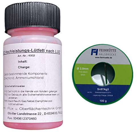 EO-FH Profi-Edelstahl Lötset Nr. 8 -EO Hochleistungs-Lötfett nach LUIZ, 50 g in Pinselflasche mit Kindersicherung, für alle gängigen Metalloberflächen incl. Edelstahl + 100 g Lötzinn Legierung Sn97Ag3