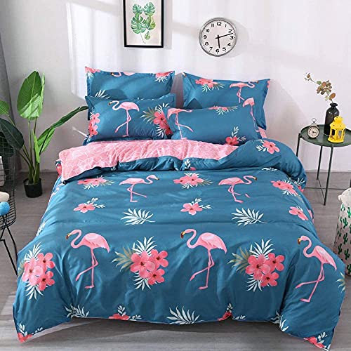 Loussiesd Flamingo Duvet Cover Tropical Animal Bedding Set Blue Pink Floral Comforter Cover for Girls Children Women Bedroom Decor Girly Flowers Bedspread Cover Double Size with 2 Pillow Case