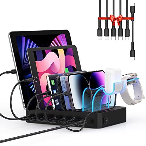 SooPii 60W 6-Port USB Ladestation für mehrere Geräte, PD 20W USB C Schnellladung für lPhone 14/13/12, 2-in-1 I Watch Holder, 6 Kabel Included für Telefone, Tablets und andere elektronische Geräte