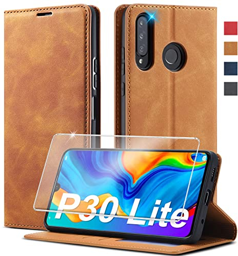 Handyhülle für Huawei P30 Lite Hülle Leder [mit P30 Lite Schutzfolie] für Huawei P30 Lite Hülle Klappbar Stoßfeste Flip Leder Schutzhülle Case Handyhülle für P30 Lite