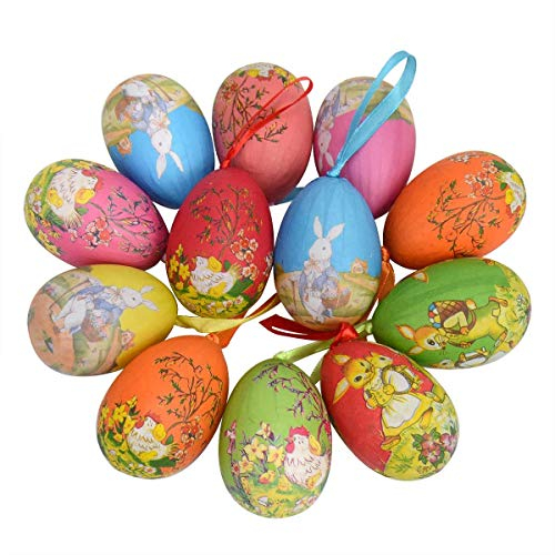 MOREASE 12 Stück Osterdeko Ostern Ei Deko zum Aufhängen, Bunt Ostereier Bunte Deko Bemalen Osterdekoration mit Seil für Osterbaum, Ostern Eier Basteln für Dekoration und Geschenke