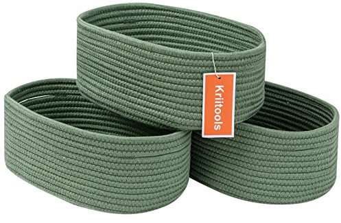 Kriitools Oval 3 Pack Green Storage Baskets - 13x8.66x5.11 inches, Cotton, Decorative, Organizing, Closet, Toy, Nursery