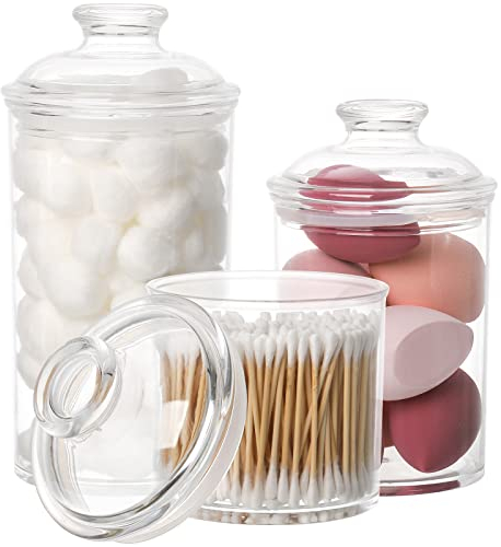 Lyellfe Set mit 3 Acryl-Apothekergläsern, Kosmetik-Organizer-Behälter mit luftdichten Deckeln, Badezimmer-Wattestäbchen-Halter, transparentes Vorratsglas für Süßigkeiten, Badesalz, Wattebausch, 963 ml