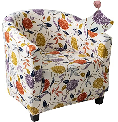 Jaotto Sesselschoner Sesselhusse Stretch Sesselüberwürfe Sofabezug Elastisch Sofabezug Sesselbezug Sesselschoner Waschbar Entfernbar für Clubsessel Cafe Stuhl Sessel Loungesessel(Weiße Blumen,1 Stück)