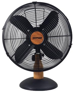 Zephir, Ventilatore da tavolo in metallo da 40cm, 4 Lame in alluminio nere, Griglia a spirale in allumio nero, Oscilazione automatica, colore nero più rifinuture effetto legno