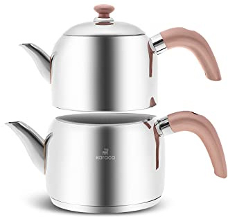 Karaca Edge Mini Théière à Induction Rose - 1 L + Couvercle 1,5 L - Volume Total 2,5 L - Théière Turque Caydanlik Demlik