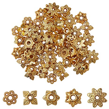 WEWAYSMILE 100 Stück Perlenkappen Spacer, Filigrane Blumenkappe aus Metall, Spacer Bead Caps Schmuckherstellung, Für Ohrring Armband Halskette Schmuck DIY-Bastelarbeiten, 18 Karat vergoldet