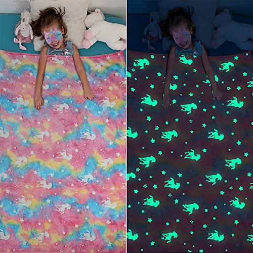 CHMMY Einhorn Decke Kuscheldecke Kinder Leuchtend im Dunkeln Einhorn Geschenke für Mädchen Flanell Warme Decke mit Sternen und Ponymustern für Kinder Jungen Mädchen Kostenlose Augenmaske (Mehrfarbig)
