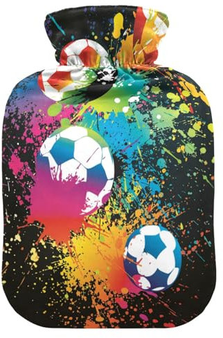 Hot Water Bottle, 1L Small Hot Water Bottles with Cover, Leak Proof Best for Winter Sports Outdoors Relief from Back Neck and Leg Cold Muscle Pain and Cramps (Colorful Soccer Football)