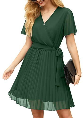 GRECERELLE Womens Summer Casual Wrap Dress Chiffon Cute Pleated Beach Tie Waist Dresses for Women (Blackish Green, L)