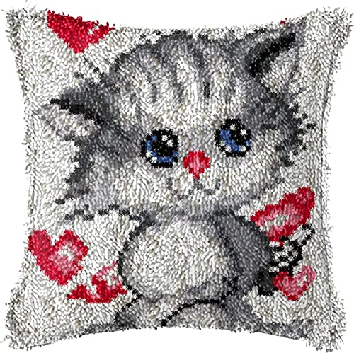 ROCKY&CHAO Knüpfteppich Zum Selber Knüpf-Sets mit Kissen knüpfen-Set 43x43cm Kissenbezug-Set für Erwachsene und Kinder Latch Hook Kit Heimaccessoire (Liebe Graue Katze)