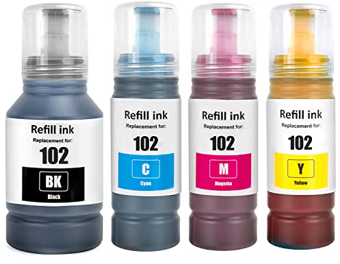 SHUOLEI 102 Encre ET-2856 ET-4856 ET-2850 ET-15000 ET-2700 Compatible avec Epson 102 Bouteille d'encre Multipack pour ET-2750 ET-2751 ET-2756 ET-2851 ET-3700 ET-3750 ET-4750 ET-4850 (4 Pack,BK C M Y)